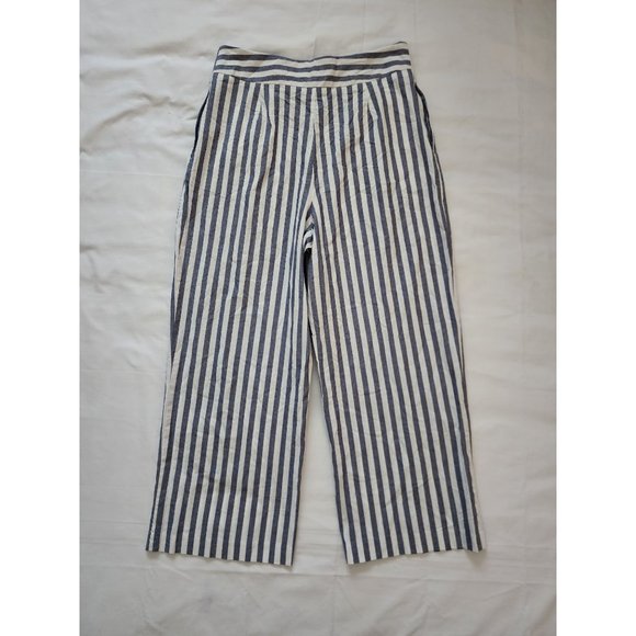 ZARA Women's Blue White Striped Wide Leg Pleated Cropped Pants Size Large - Picture 5 of 16